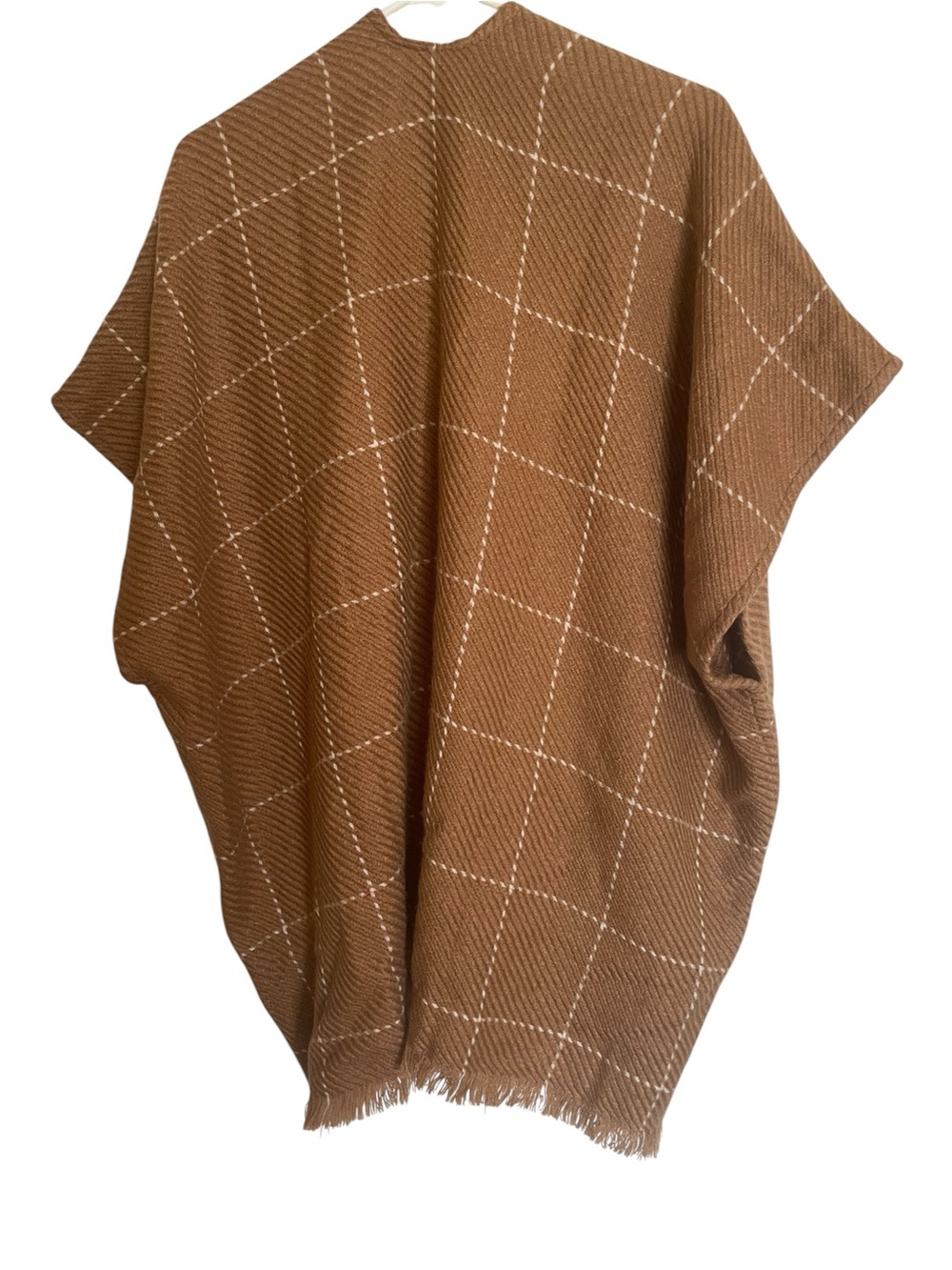LOFT Camel Grid Pattern Fringed Open Front Poncho Ruana XS/S - Picture 2 of 4